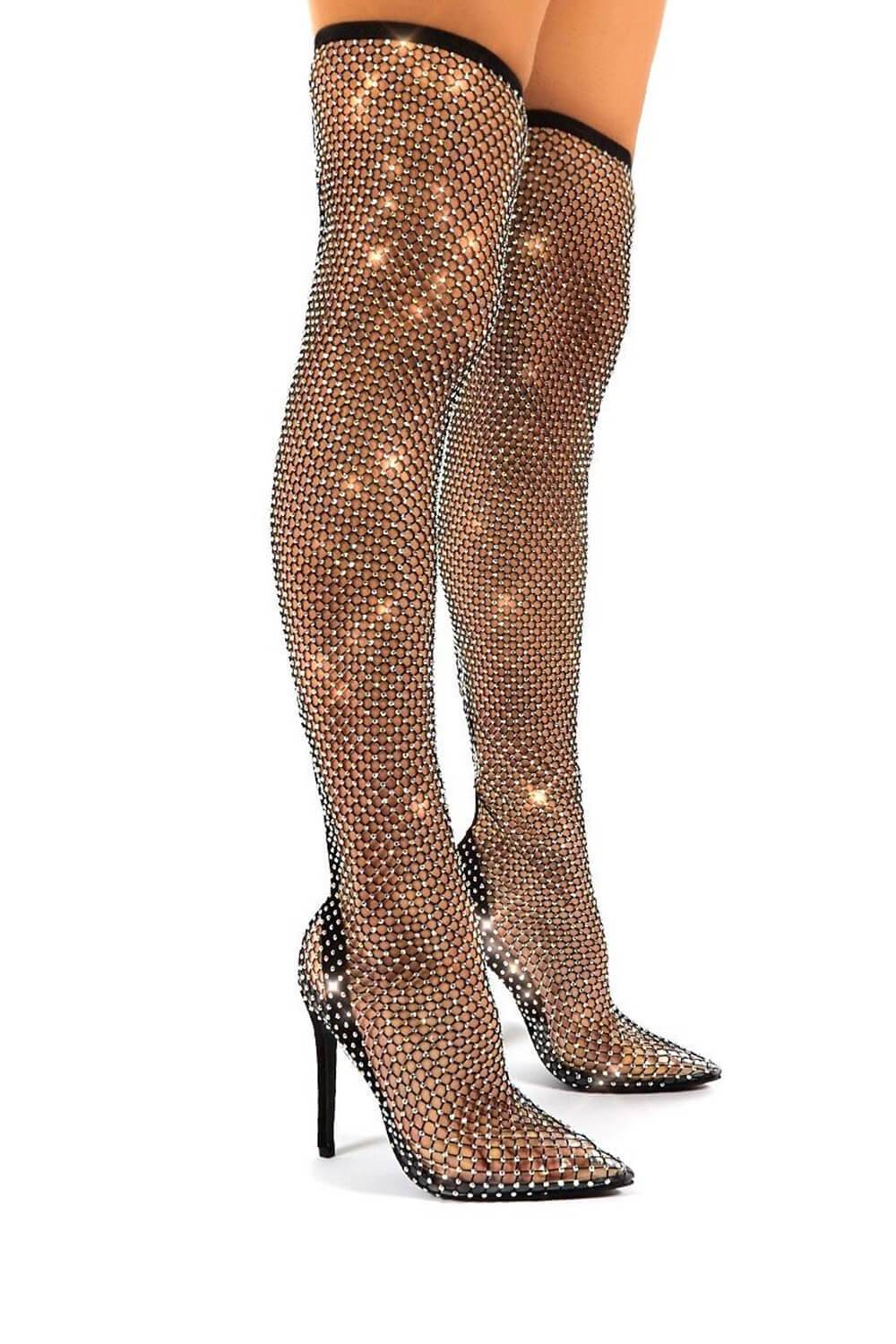 Black Diamante Fishnet Over The Knee Thigh High Long Sock Boots