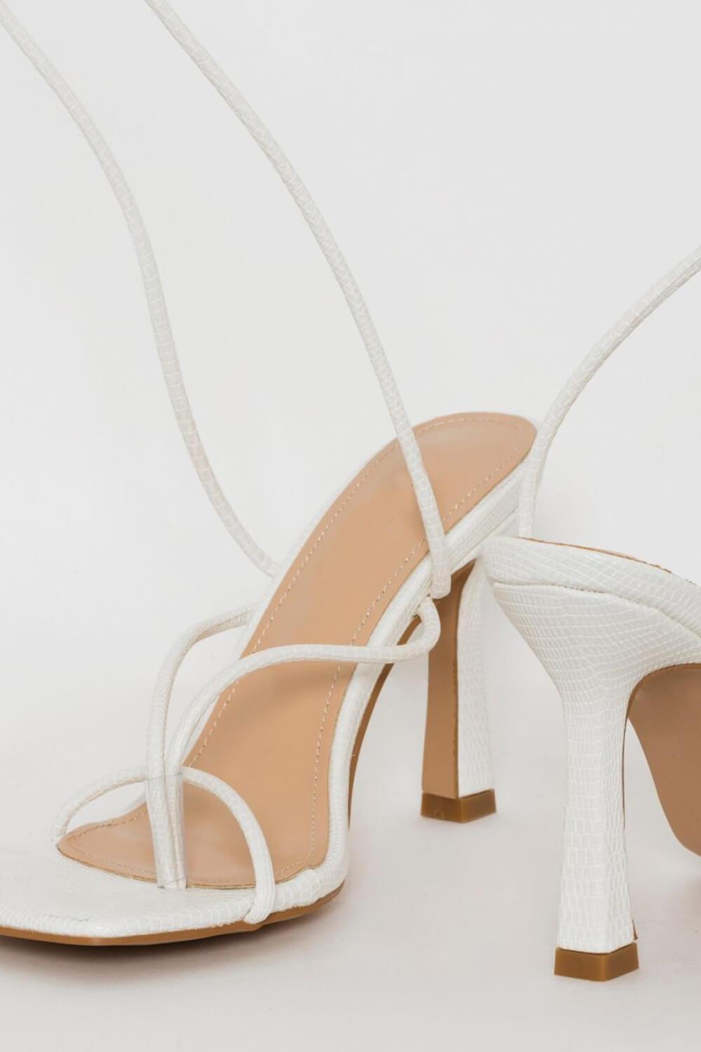 White Faux Leather Strappy Lace Up Square Toe Heels