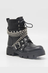 Black Studded Buckle Strap Chain Trim Lace Up Combat Boots