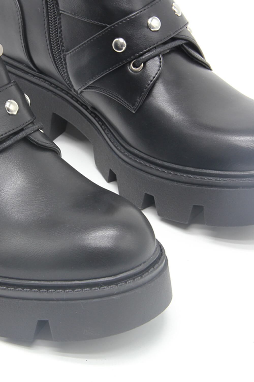 Black Studded Buckle Strap Chain Trim Lace Up Combat Boots