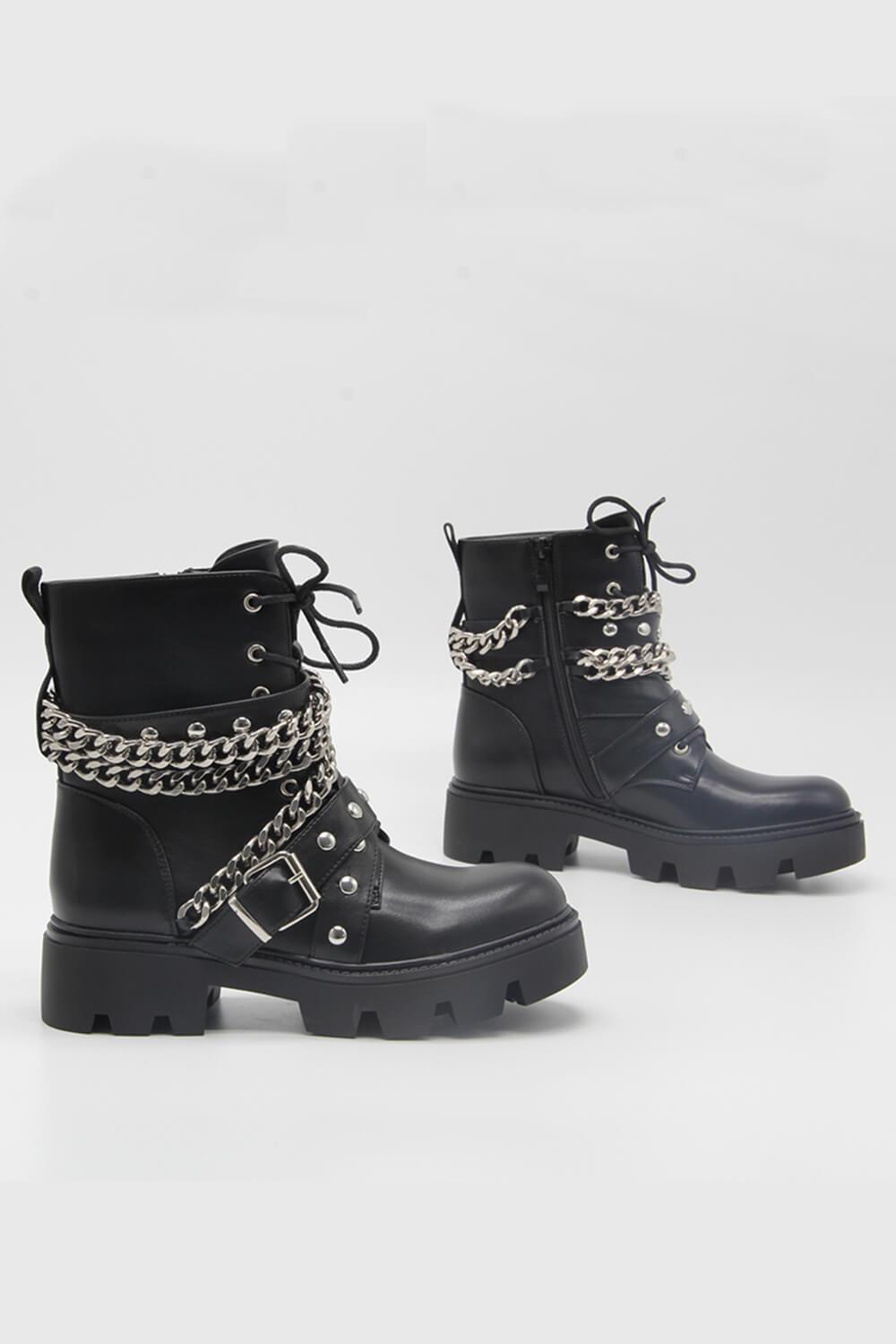 Black Studded Buckle Strap Chain Trim Lace Up Combat Boots