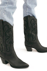 Black Embroidered Detail Pointed Toe Western Inspired Mid Calf Block Heel Boots