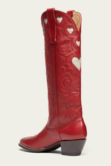 Red Heart Embroidered Pointed Toe Long Western Knee High Block Heel Boot