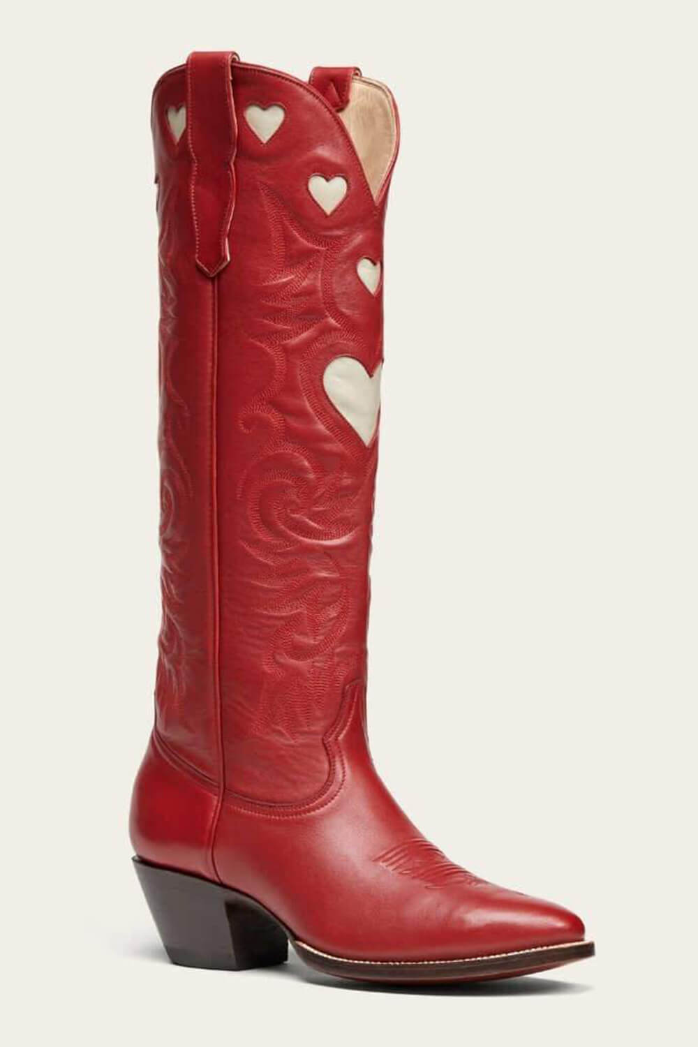 Red Heart Embroidered Pointed Toe Long Western Knee High Block Heel Boot