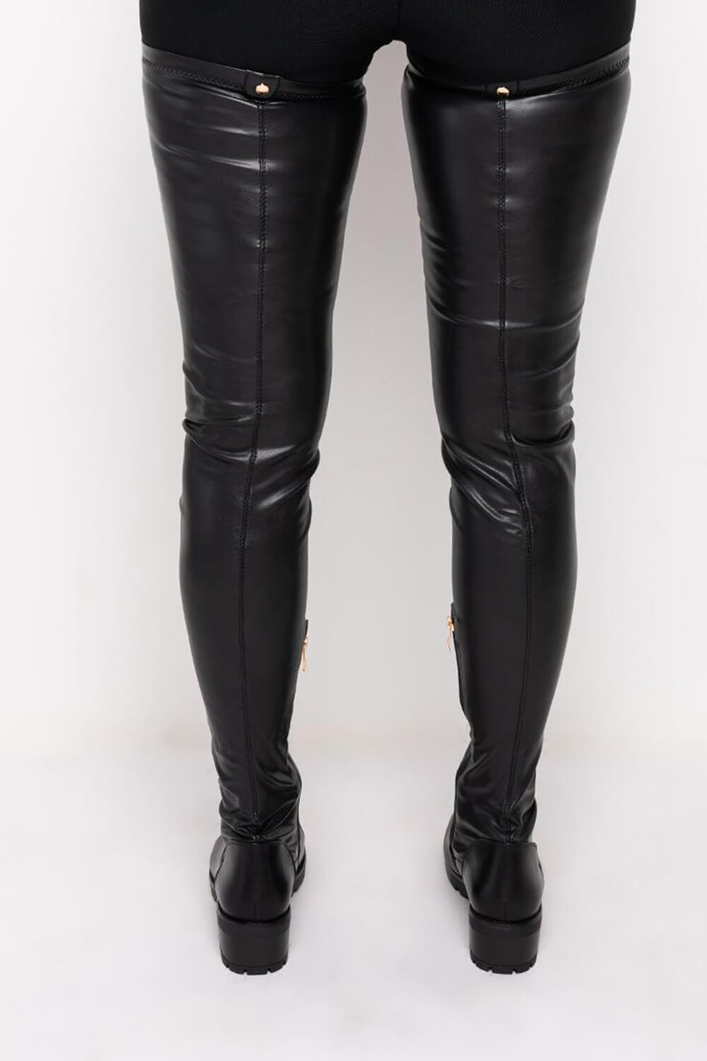 Black Faux Leather Flat Chunky Over The Knee Thigh High Boots