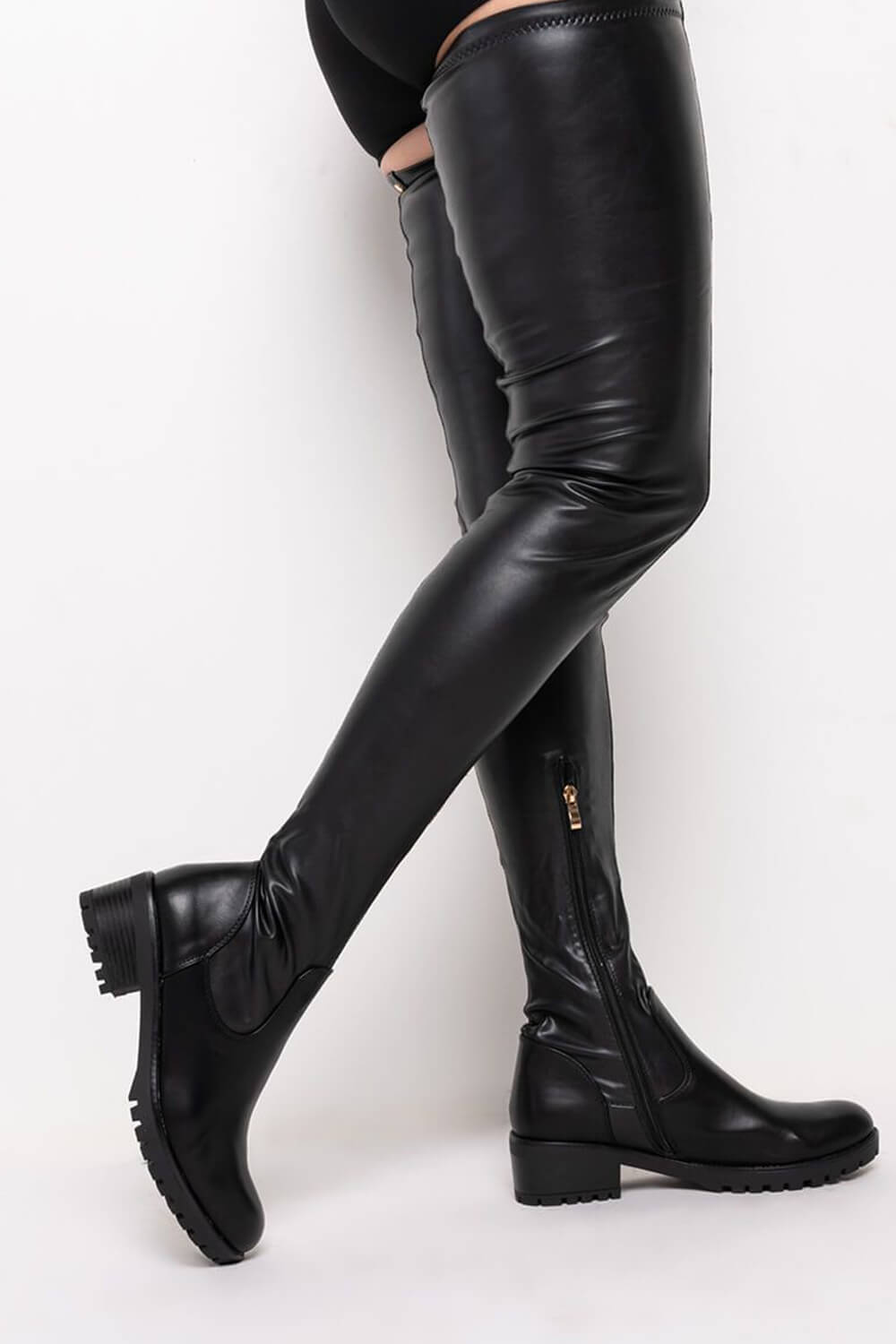 Black Faux Leather Flat Chunky Over The Knee Thigh High Boots