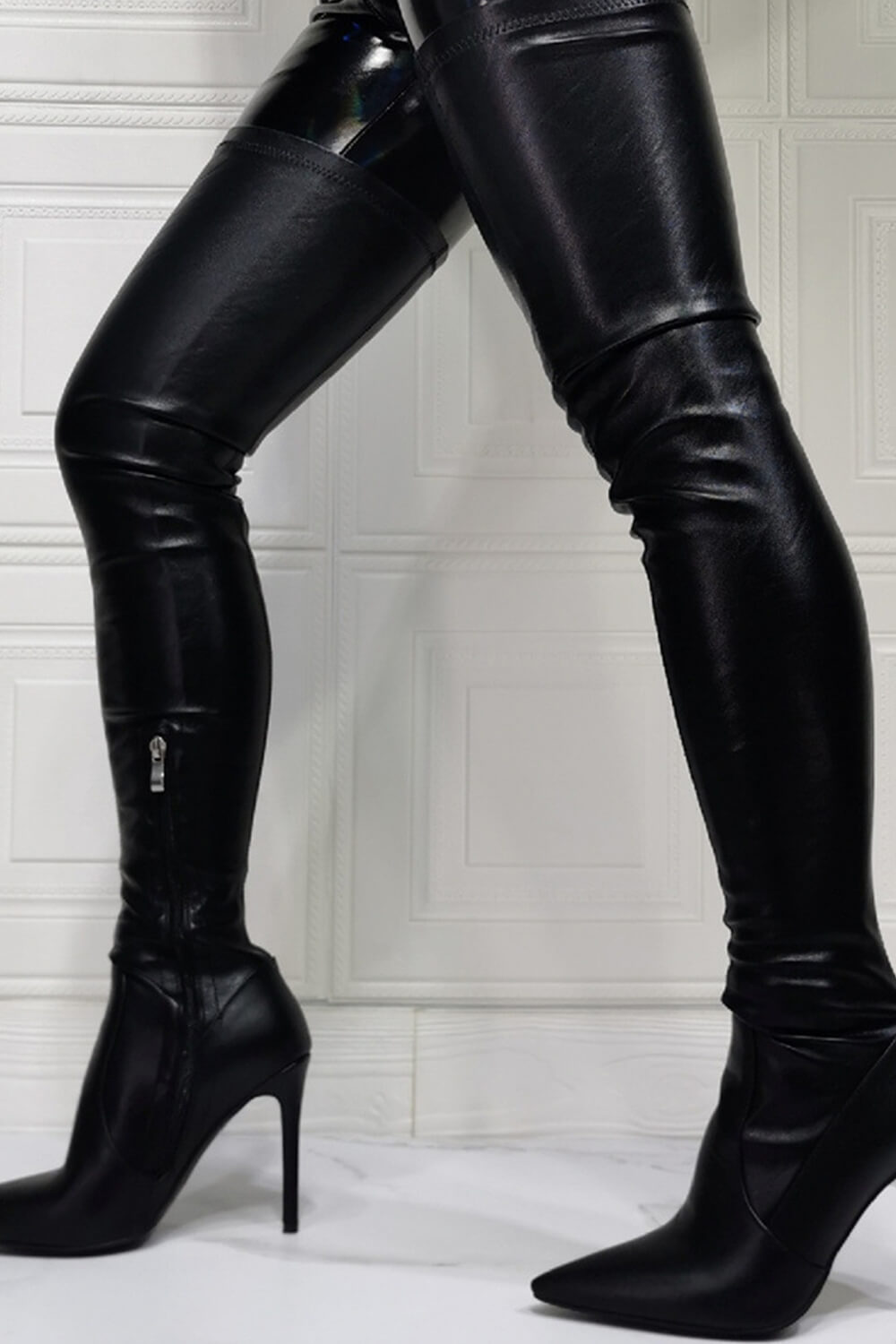 Black Faux Leather Over The Knee Thigh High Stiletto Boots