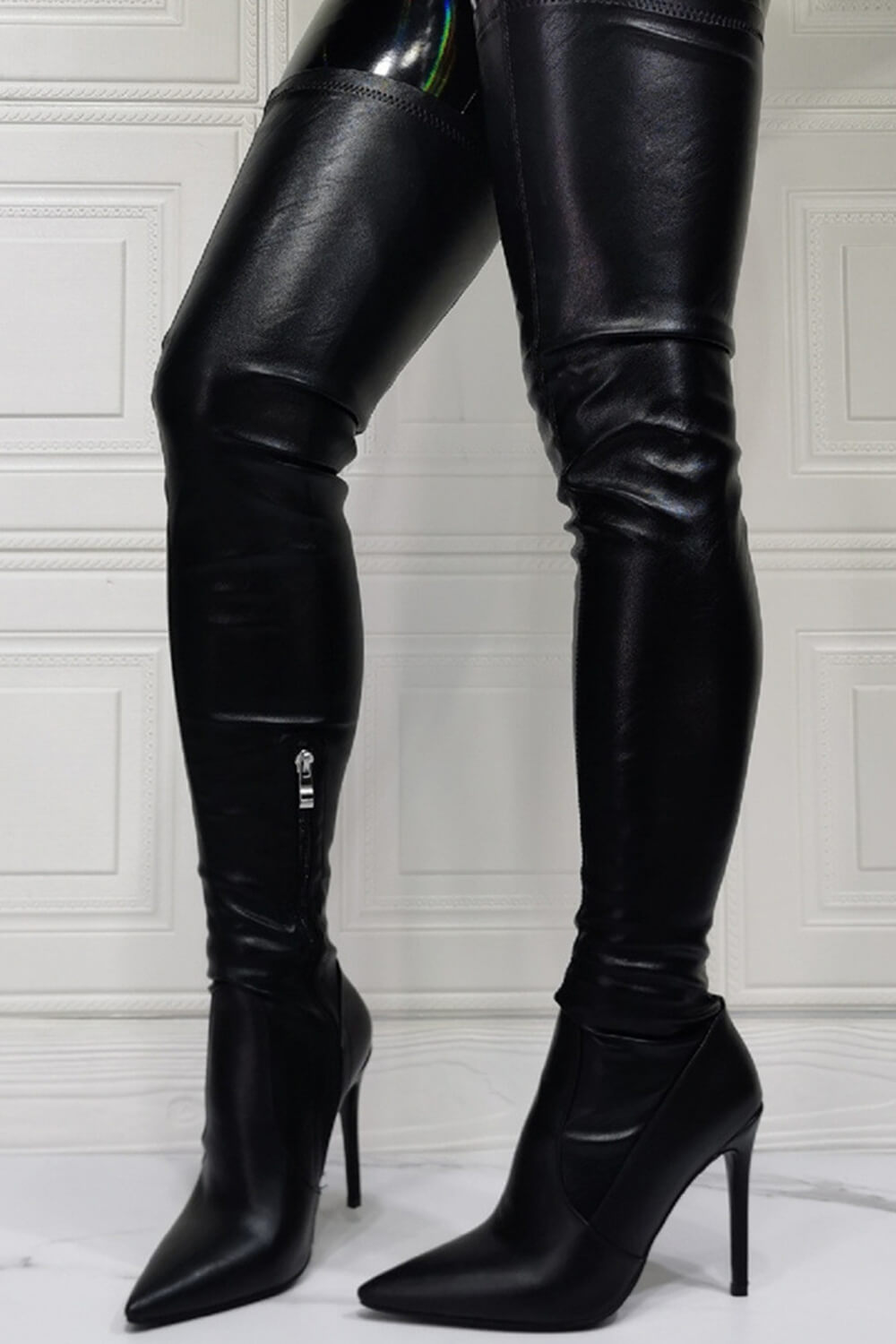 Black Faux Leather Over The Knee Thigh High Stiletto Boots