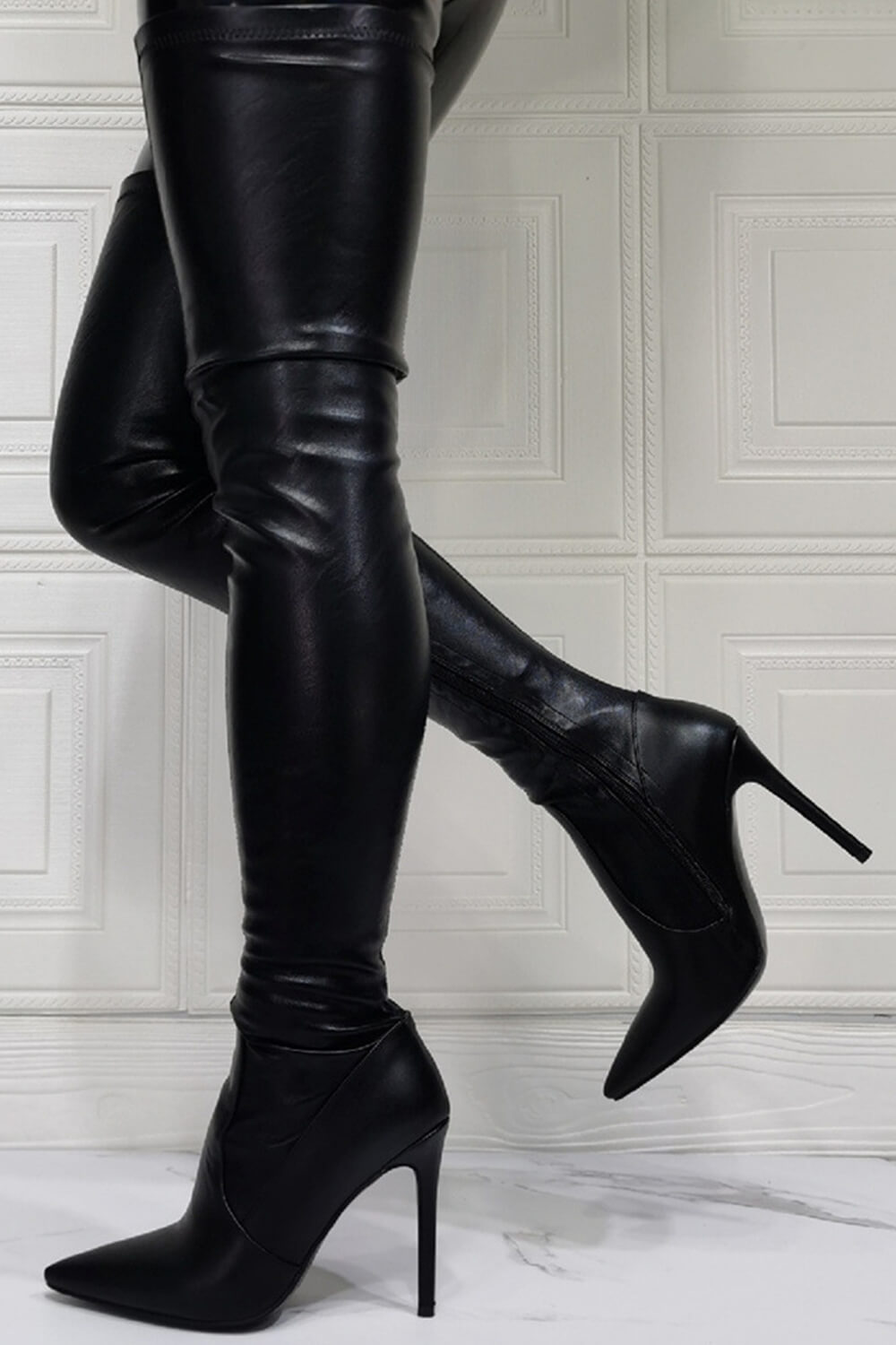 Black Faux Leather Over The Knee Thigh High Stiletto Boots