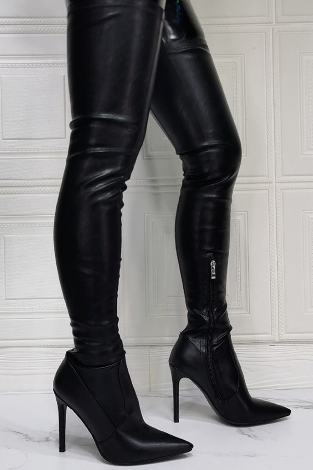 Black Faux Leather Over The Knee Thigh High Stiletto Boots