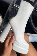 Double Platform Block Heel Ankle Boots - White