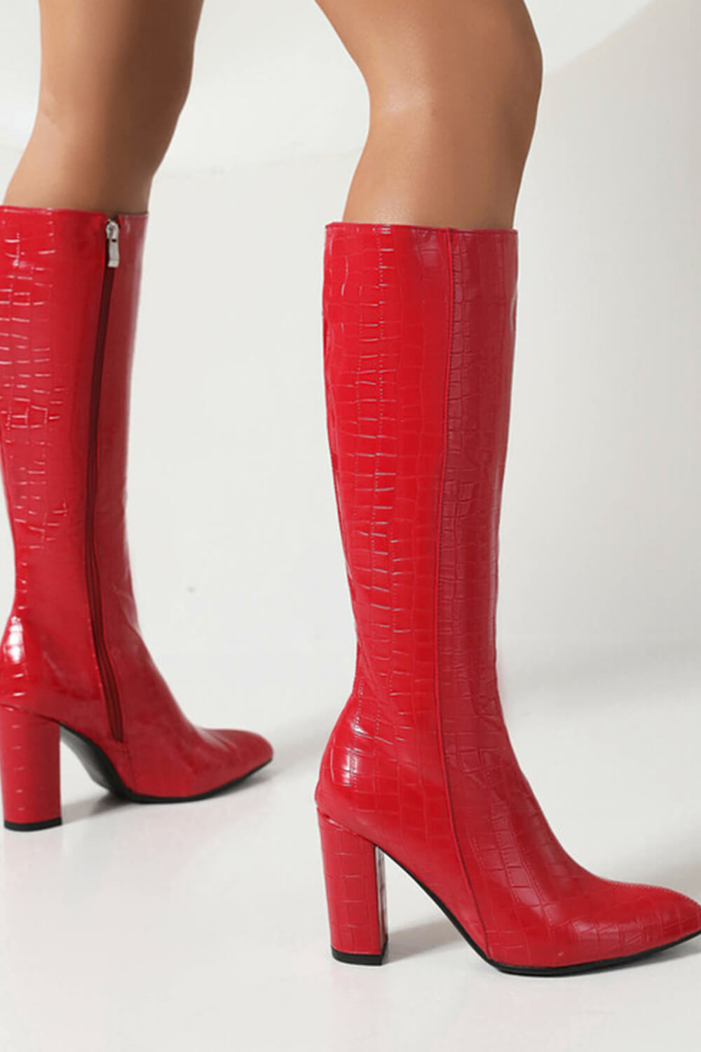 Faux Croc Print Block Heel Mid Calf Knee High Boots - Red