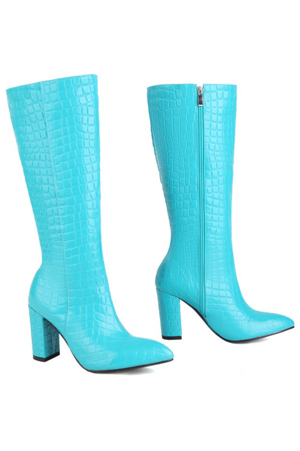 Faux Croc Print Block Heel Mid Calf Knee High Boots - Cyan