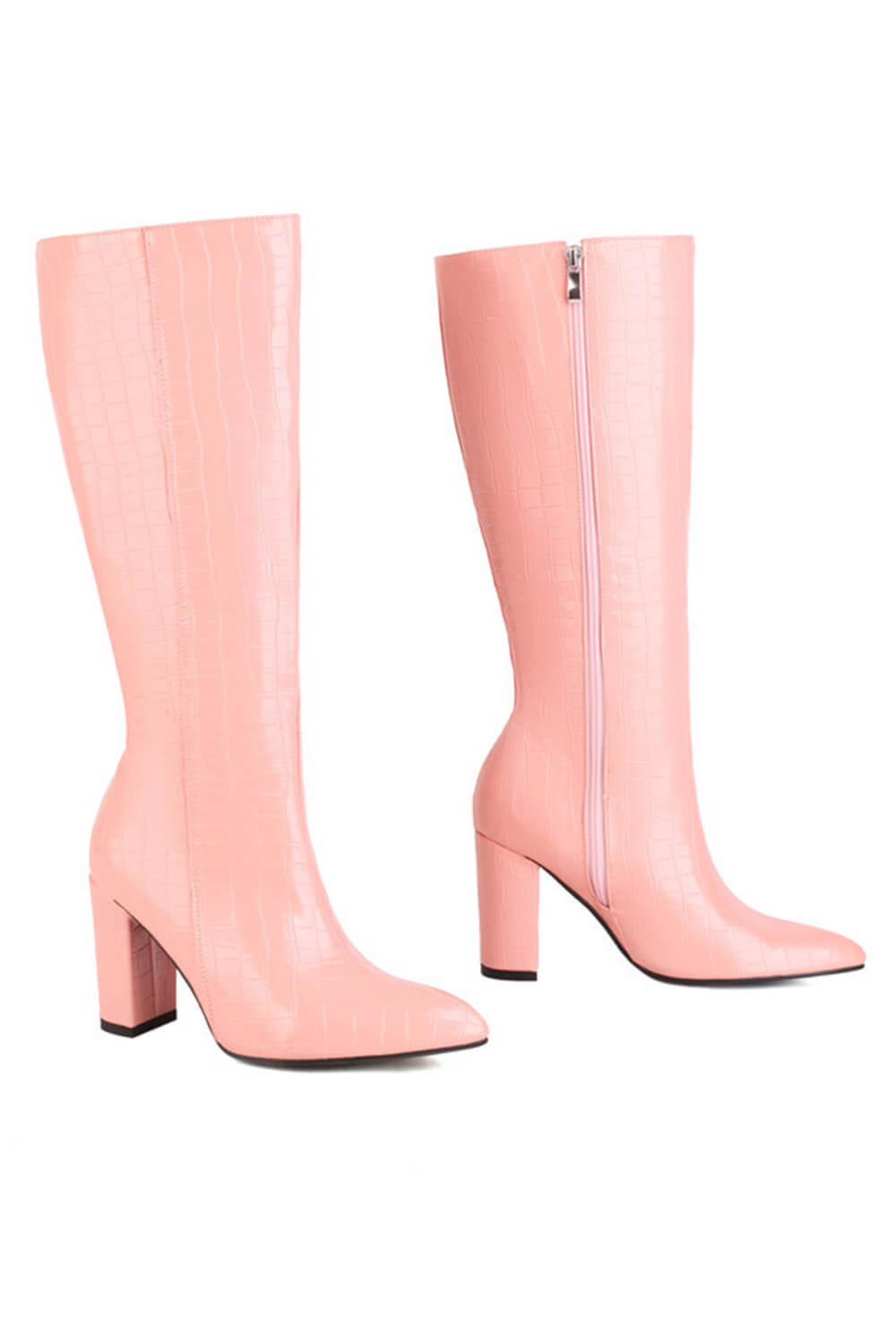 Faux Croc Print Block Heel Mid Calf Knee High Boots - Pink