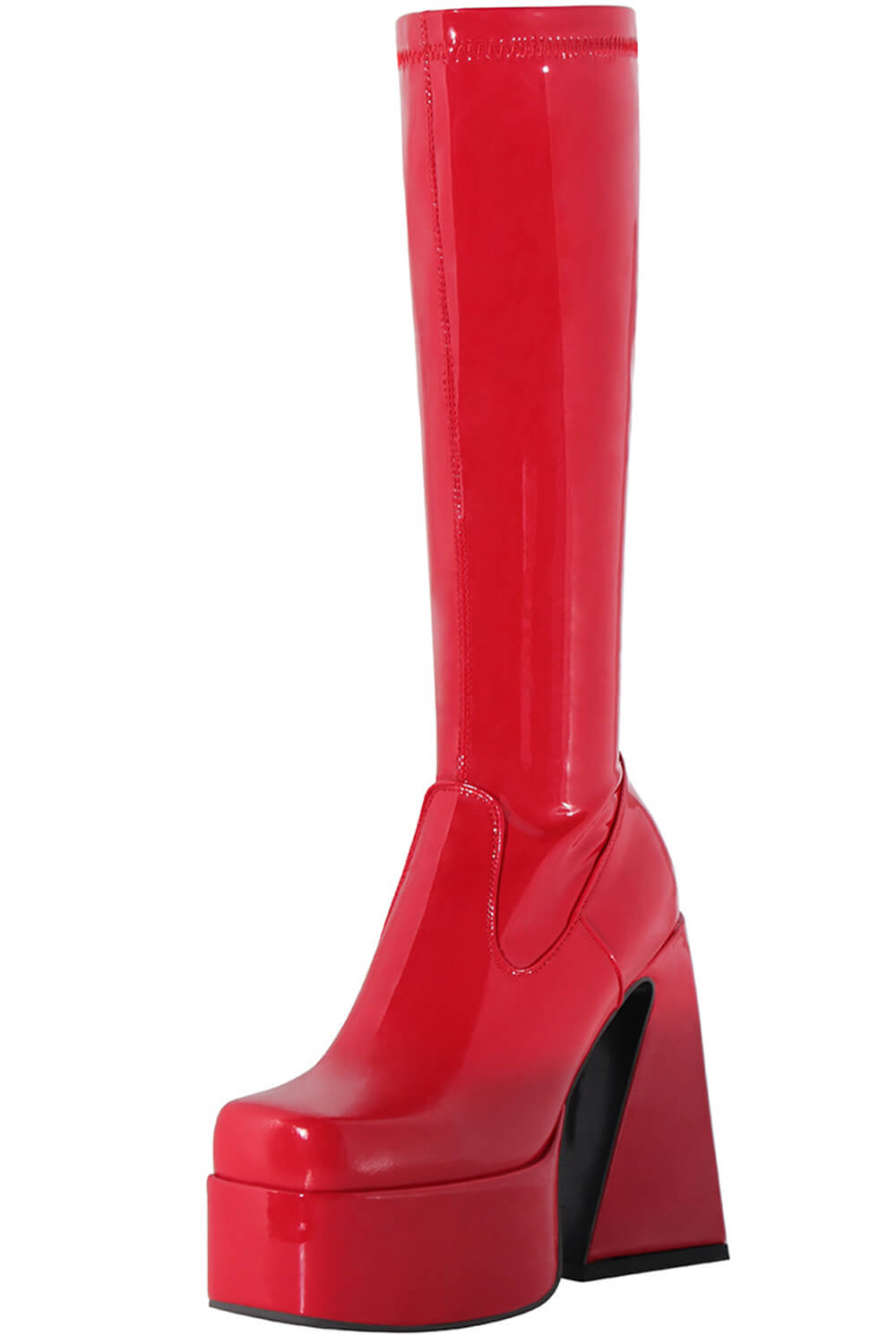 Patent Platform Square Toe Statement Block Heel Knee High Boots - Black/Red