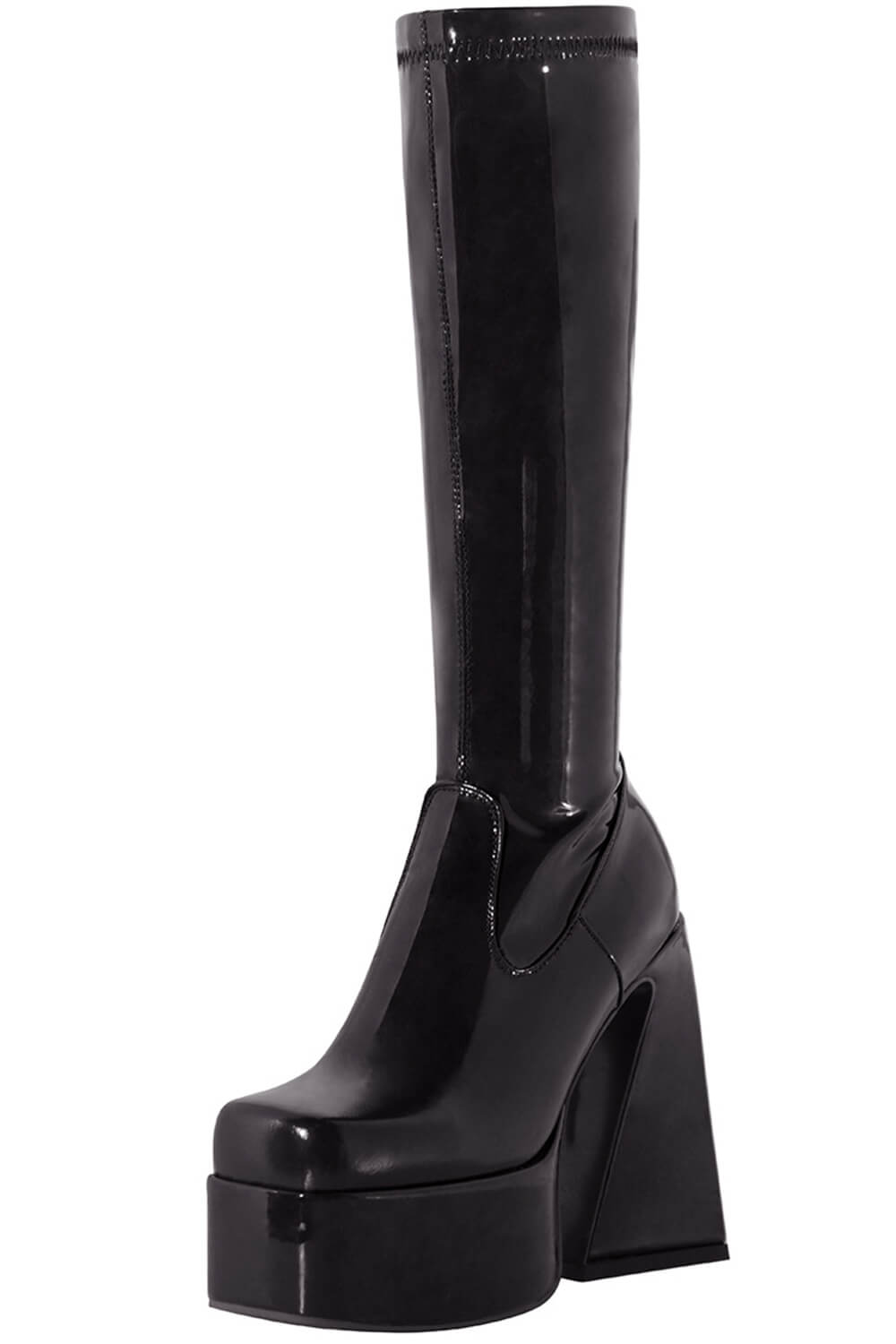Patent Platform Square Toe Statement Block Heel Knee High Boots - Black/Red