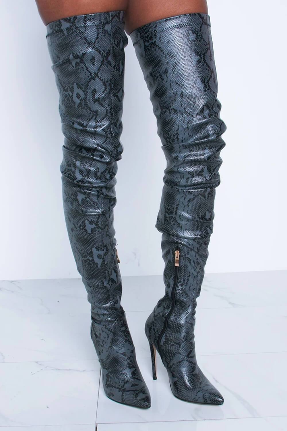 Darkgray Snake Print Stiletto Thigh High Boots