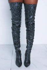 Darkgray Snake Print Stiletto Thigh High Boots