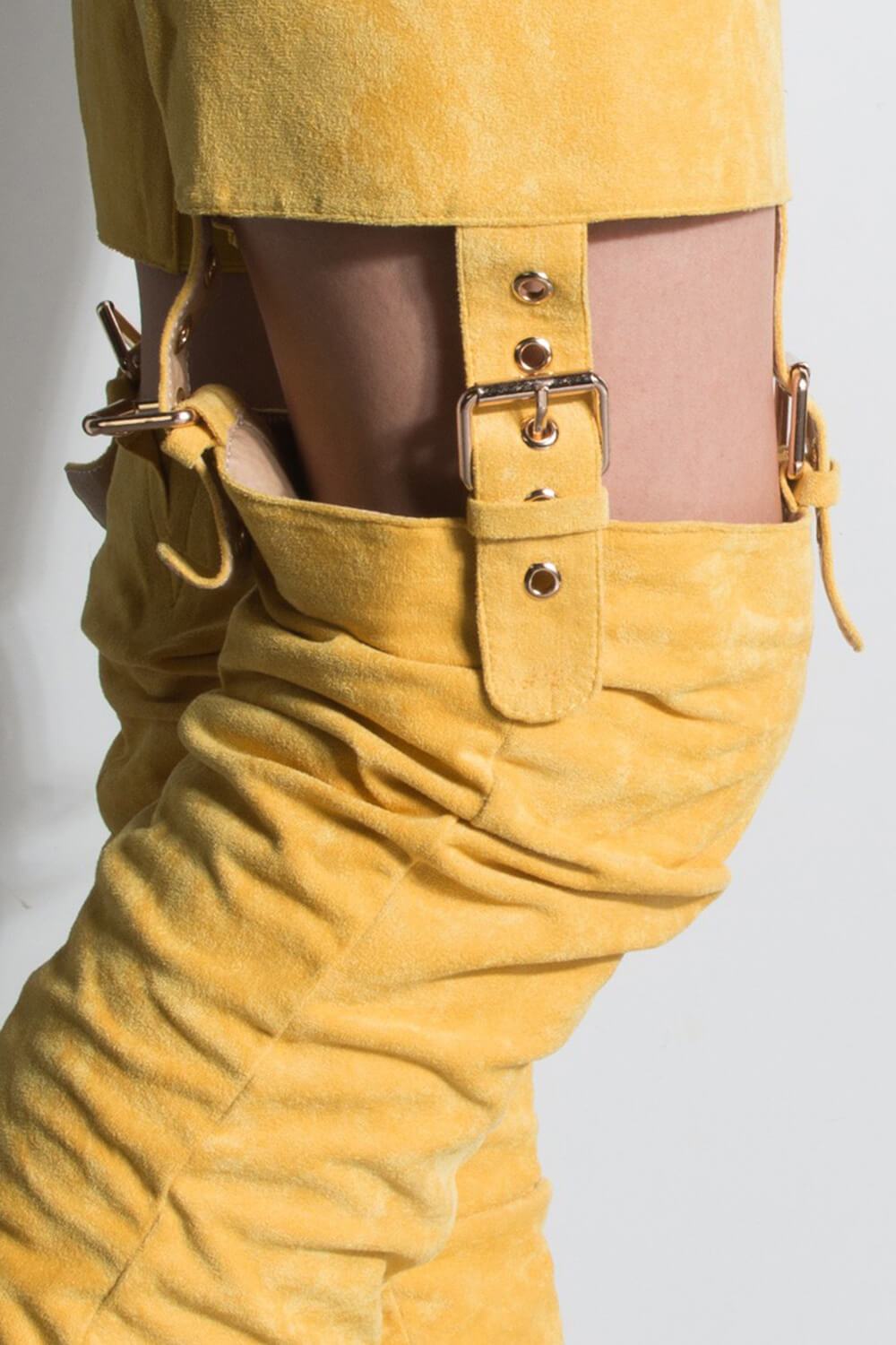 Mustard Suede Belted Thigh High Boots