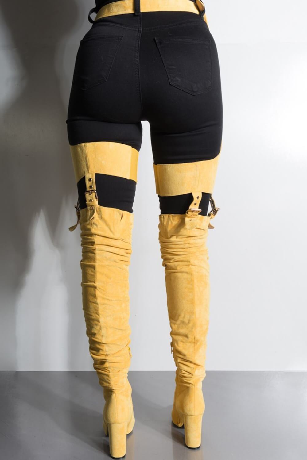 Mustard Suede Belted Thigh High Boots