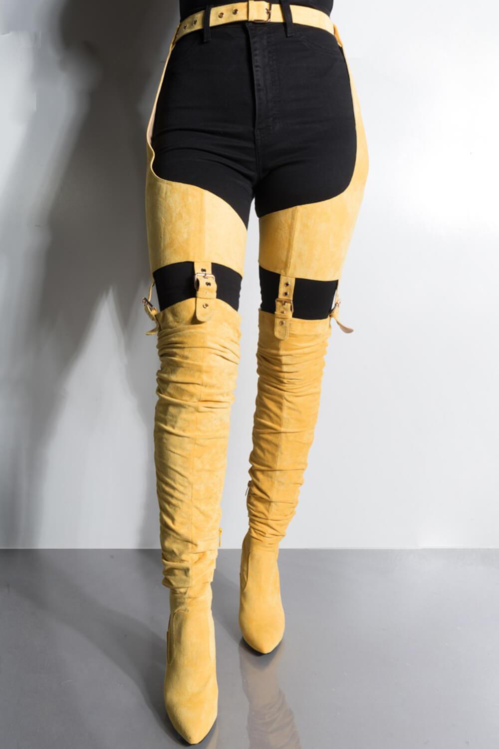 Mustard Suede Belted Thigh High Boots