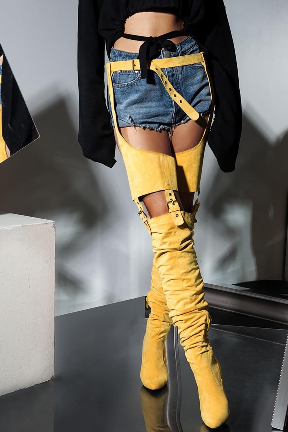 Mustard Suede Belted Thigh High Boots