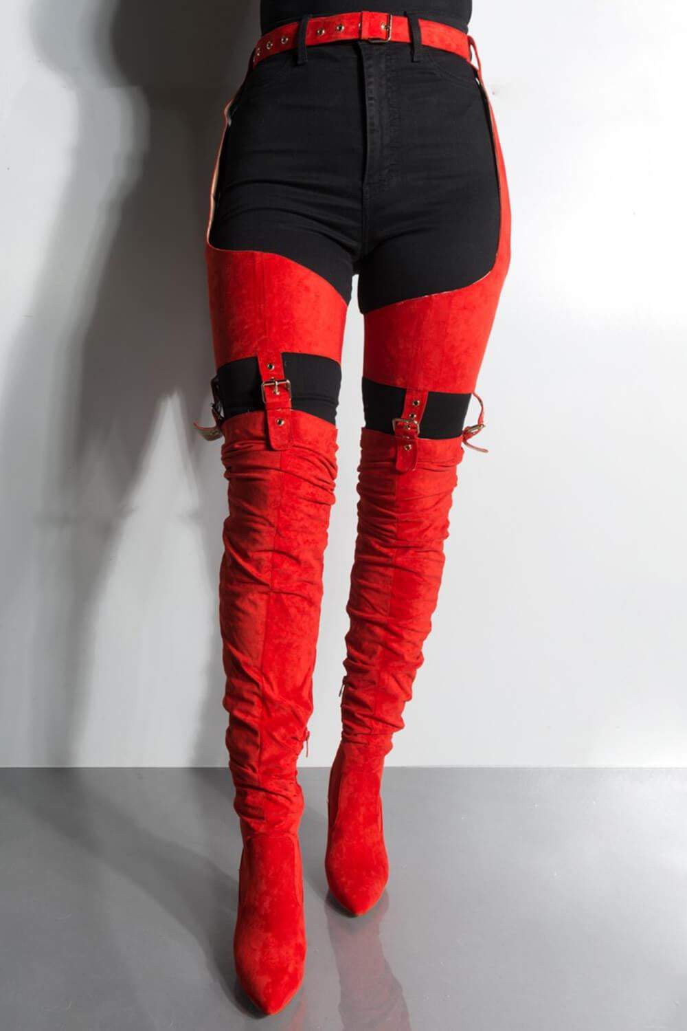 Red Suede Belted Thigh High Boots