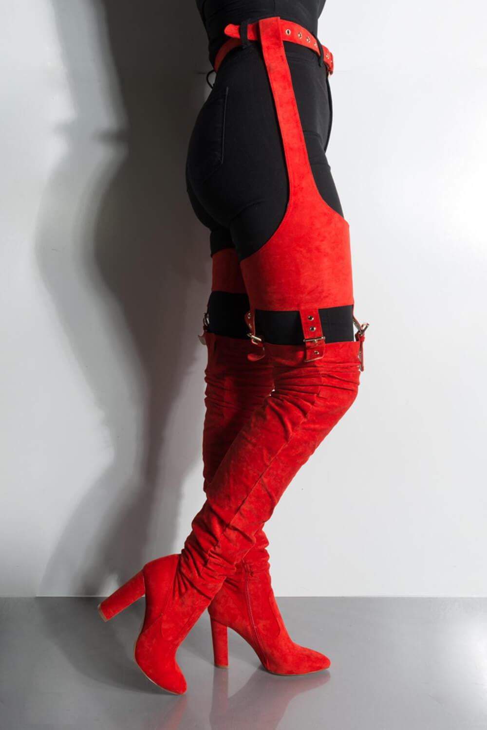 Red Suede Belted Thigh High Boots