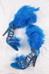 Blue Feather Rhinestone Embroidered High Heeled Sandals