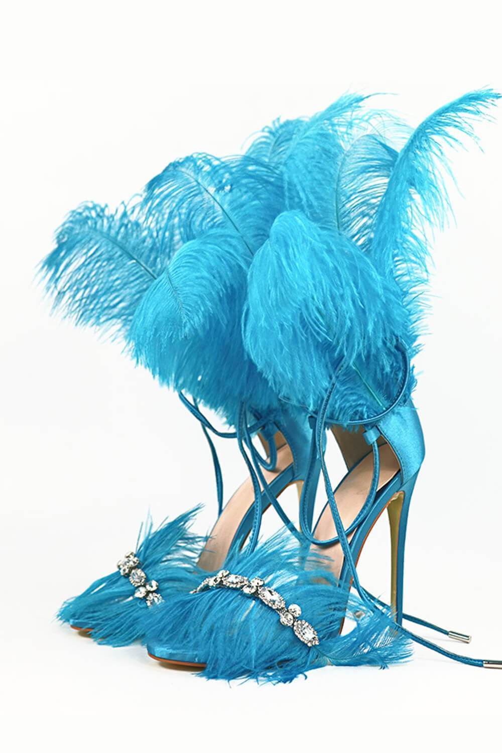 Blue Feather Rhinestone Embroidered High Heeled Sandals