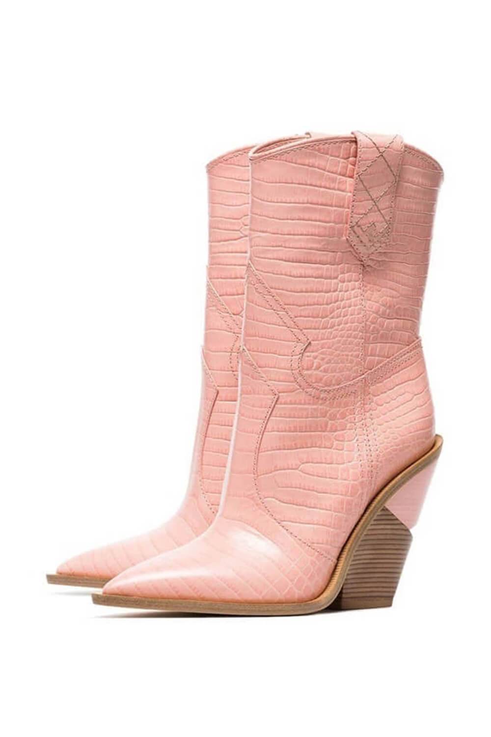 Pink Croc Cut-Out Heel Mid Western Cowboy Boots