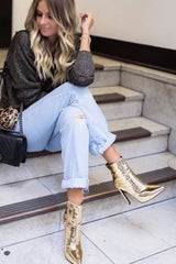 Metallic Gold Pointed Stiletto Heeled Ankle Boots