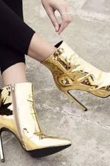 Metallic Gold Pointed Stiletto Heeled Ankle Boots