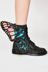 Black Metamorphic Glitter Lace Up Boots With Butterfly Wings