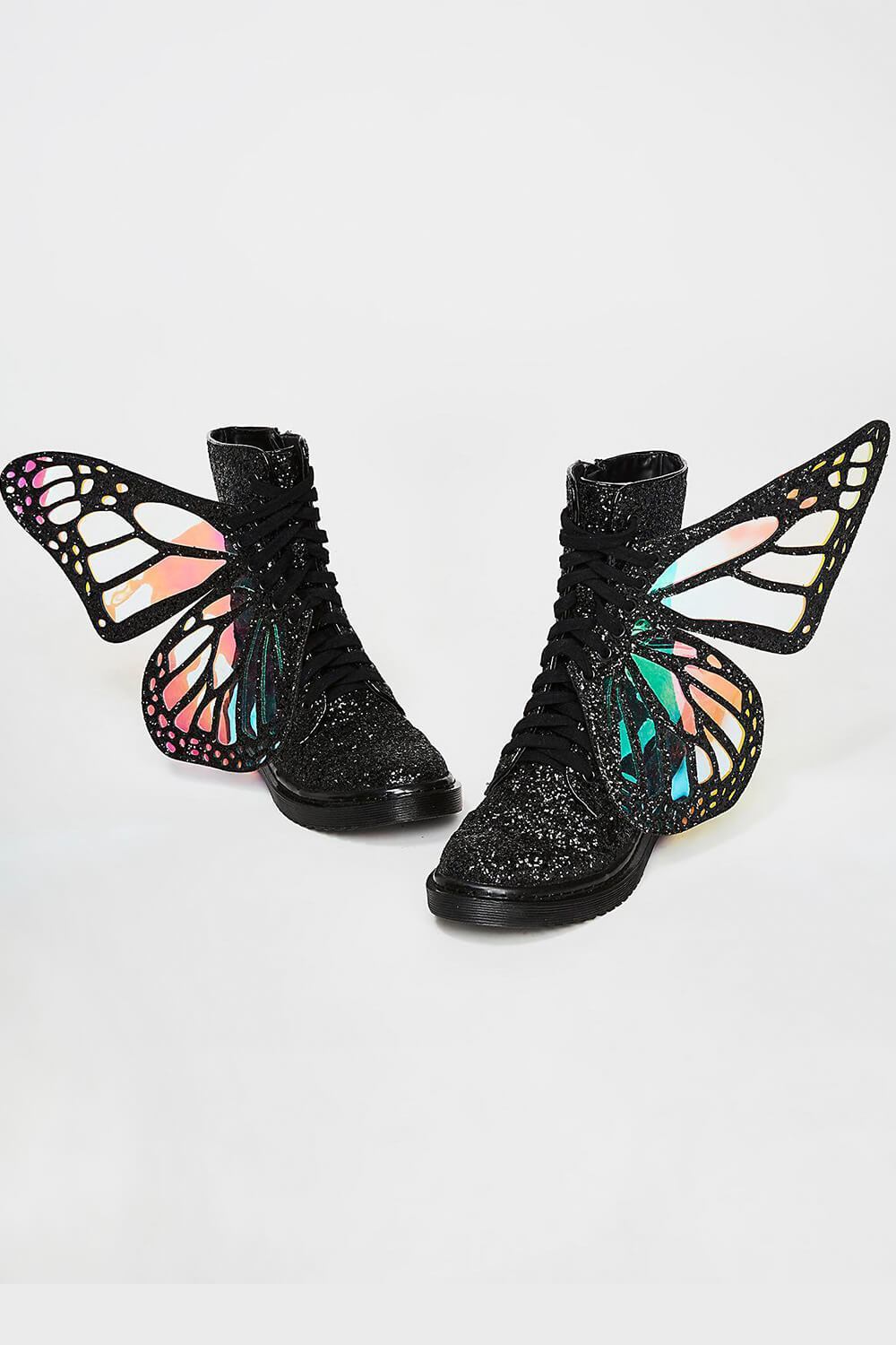 Black Metamorphic Glitter Lace Up Boots With Butterfly Wings