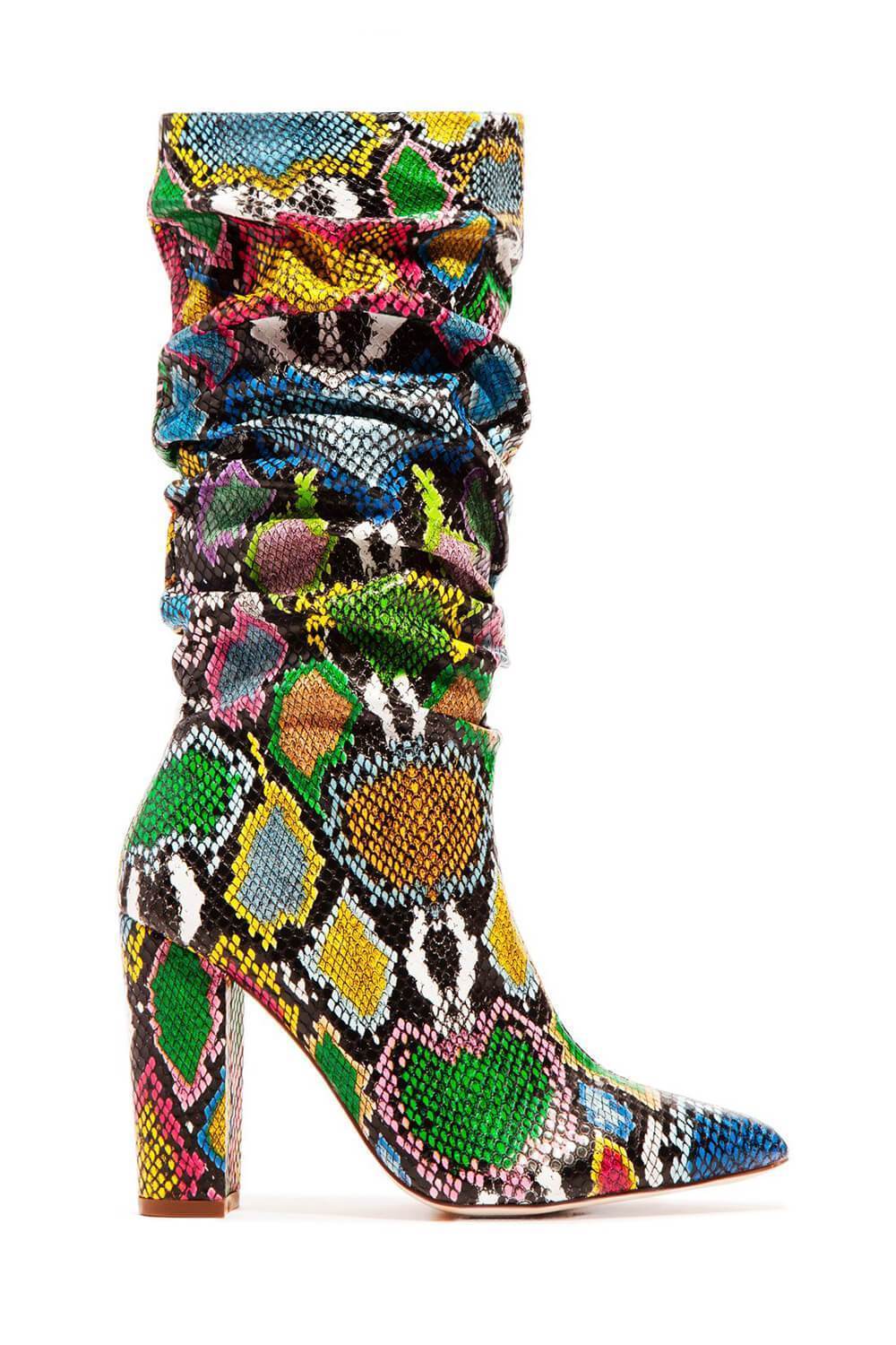 Multi-Colored Python Print Ruched Knee High Boots