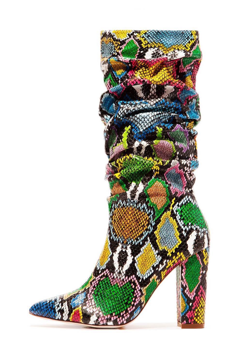 Multi-Colored Python Print Ruched Knee High Boots