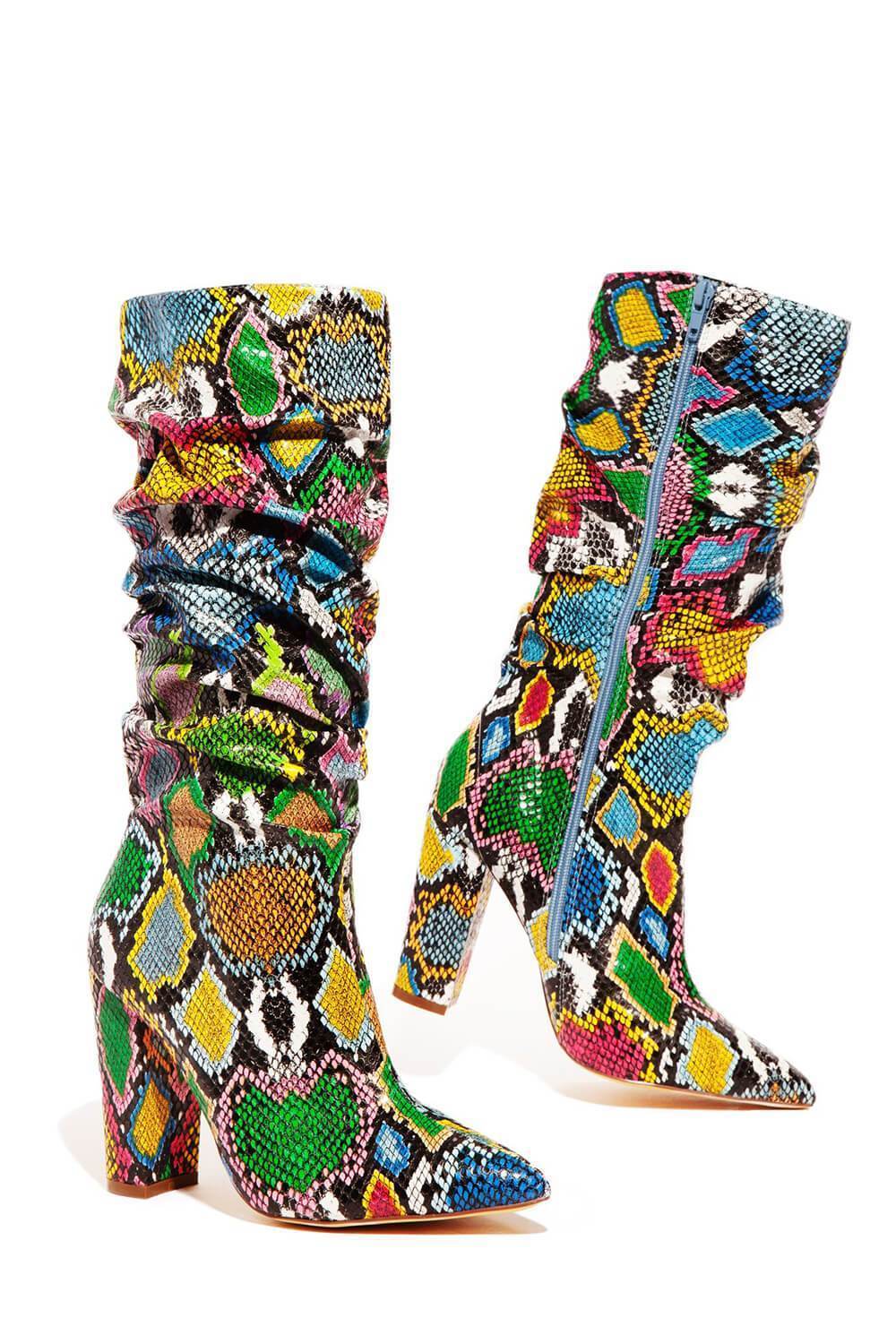 Multi-Colored Python Print Ruched Knee High Boots