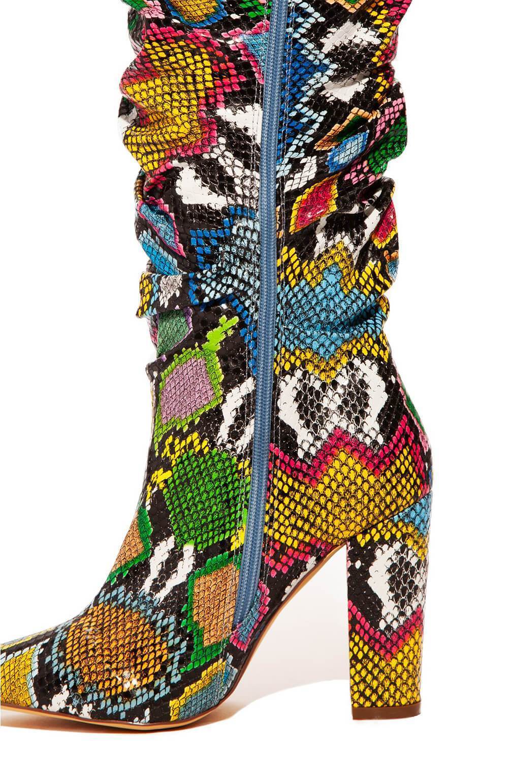 Multi-Colored Python Print Ruched Knee High Boots