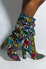 Multi-Colored Python Print Ruched Knee High Boots