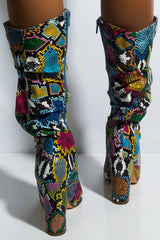 Multi-Colored Python Print Ruched Knee High Boots