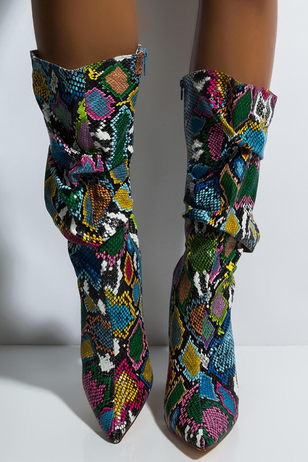 Multi-Colored Python Print Ruched Knee High Boots