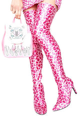 Pink Leopardsatin Pointed Toe Thigh High Boots