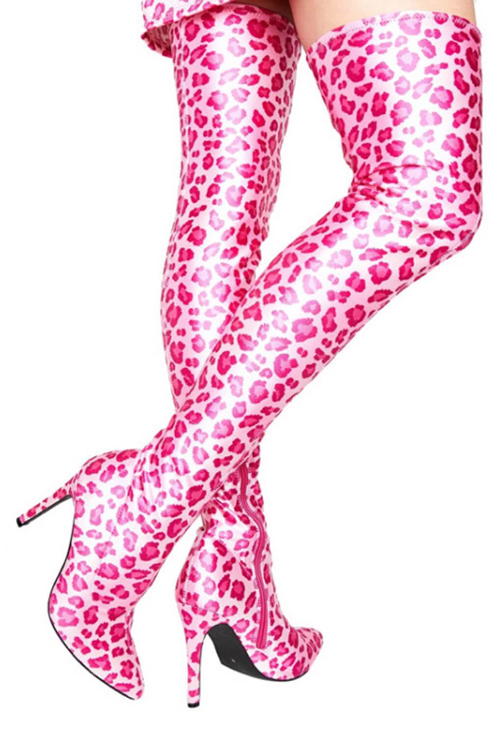 Pink Leopardsatin Pointed Toe Thigh High Boots