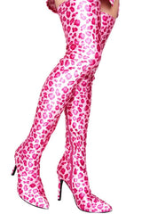 Pink Leopardsatin Pointed Toe Thigh High Boots