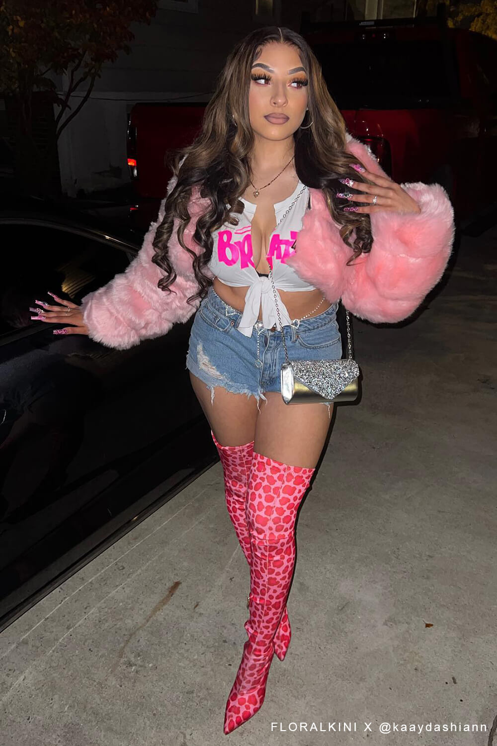 Pink Leopardsatin Pointed Toe Thigh High Boots