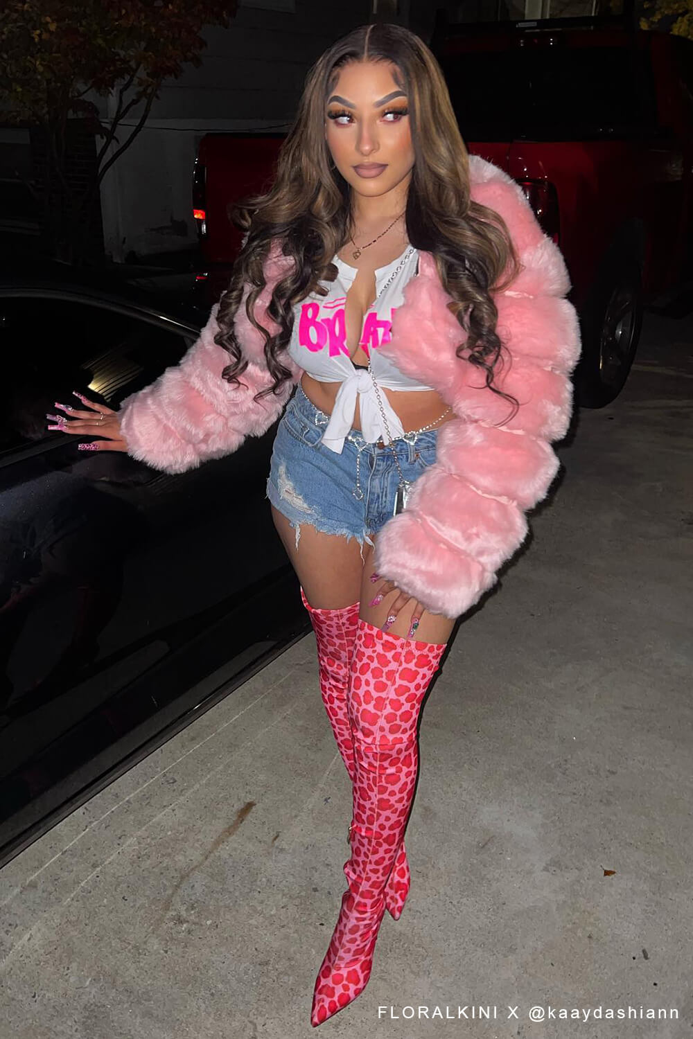 Pink Leopardsatin Pointed Toe Thigh High Boots