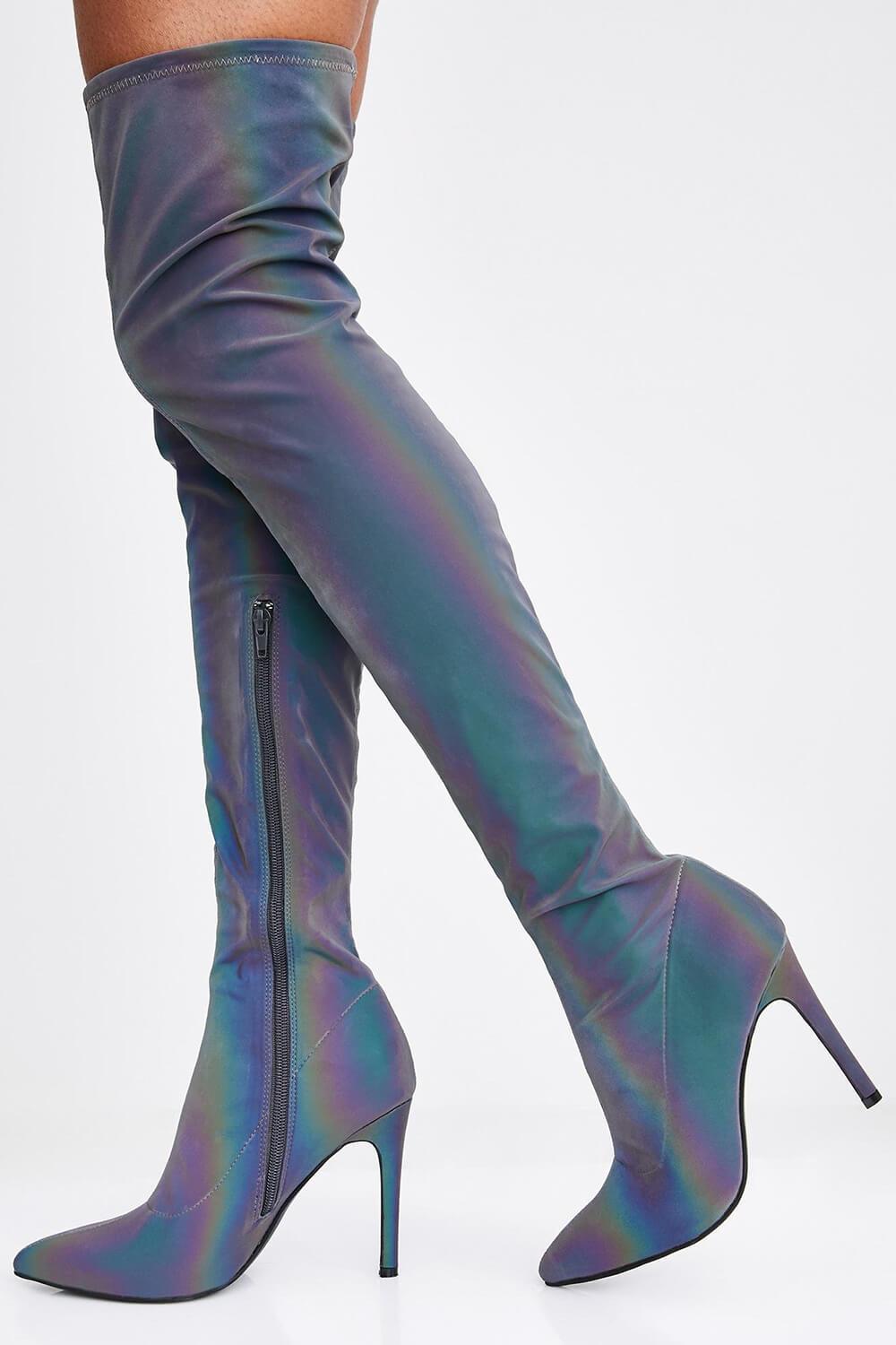 Rainbow Reflective Satin Pointed Toe Thigh High Boots