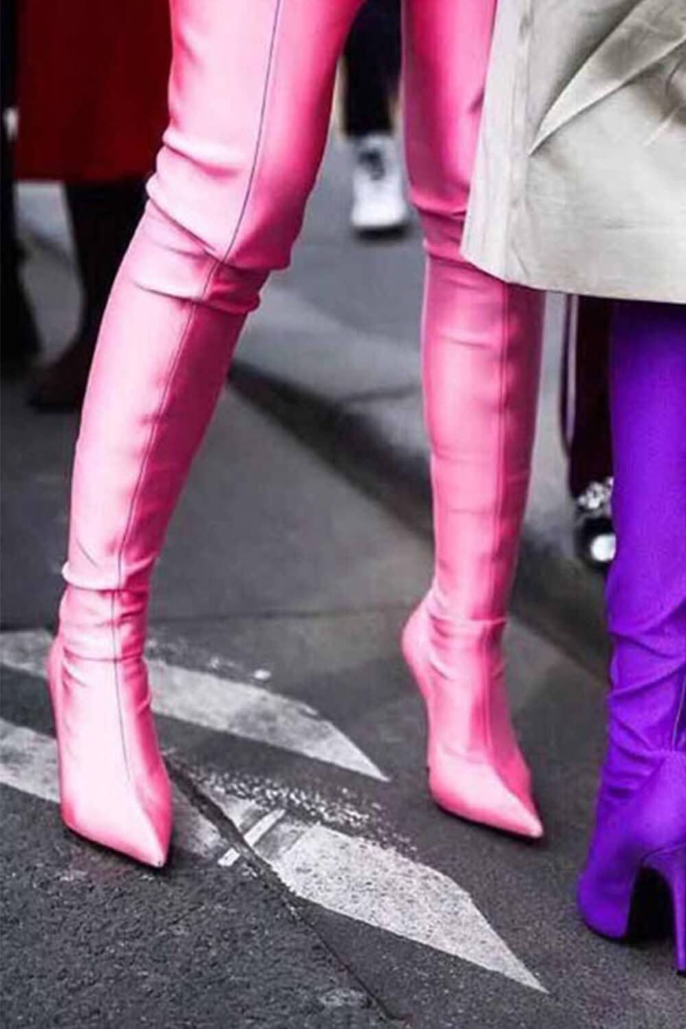 Pink Satin Pointed Toe Thigh High Boots