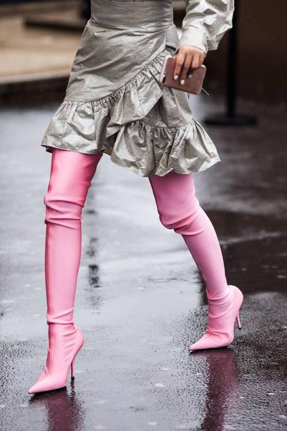 Pink Satin Pointed Toe Thigh High Boots